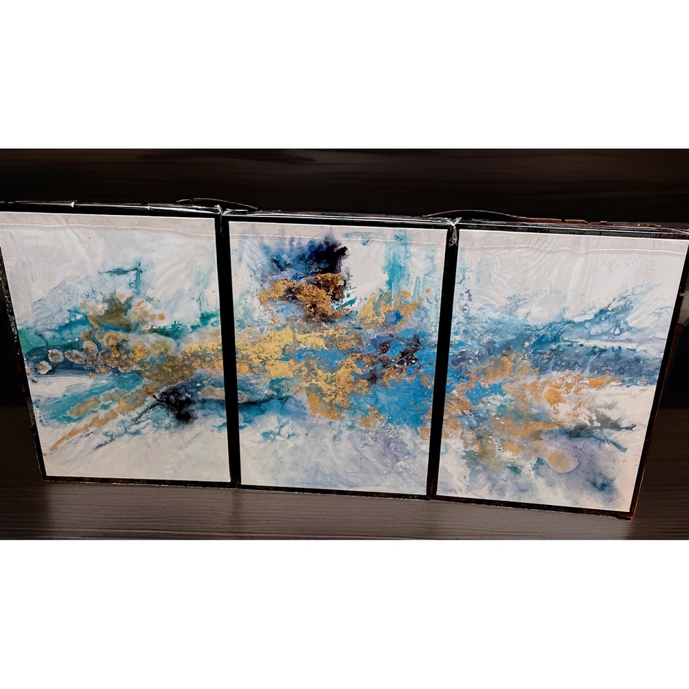 Triptych 3, Framed Wall Art Canvas Prints Marbled Blu Gold Purp 16x24"each Panel